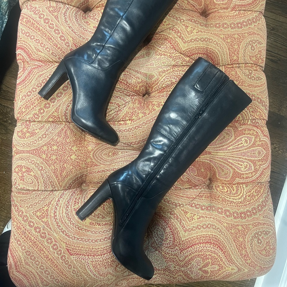 Nine West Black Leather Tall Heel Boots Size 7.5